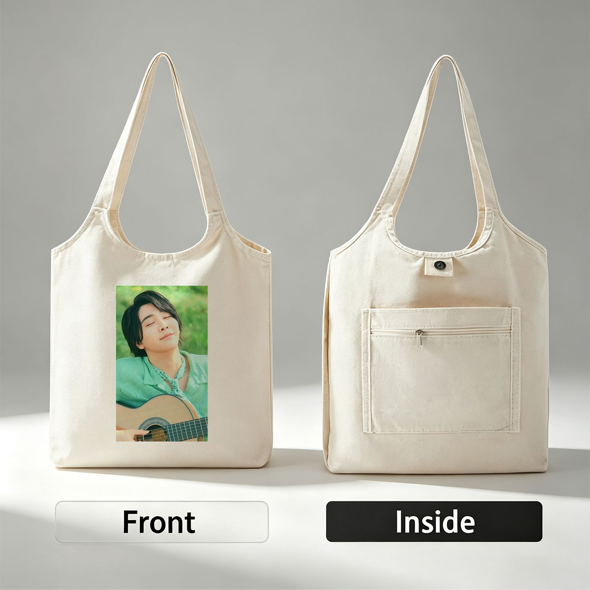 Yuki Kajiura in a Serene Outdoor Setting Playing Acoustic Guitar with Eyes Closed - Canvas shoulder bags/