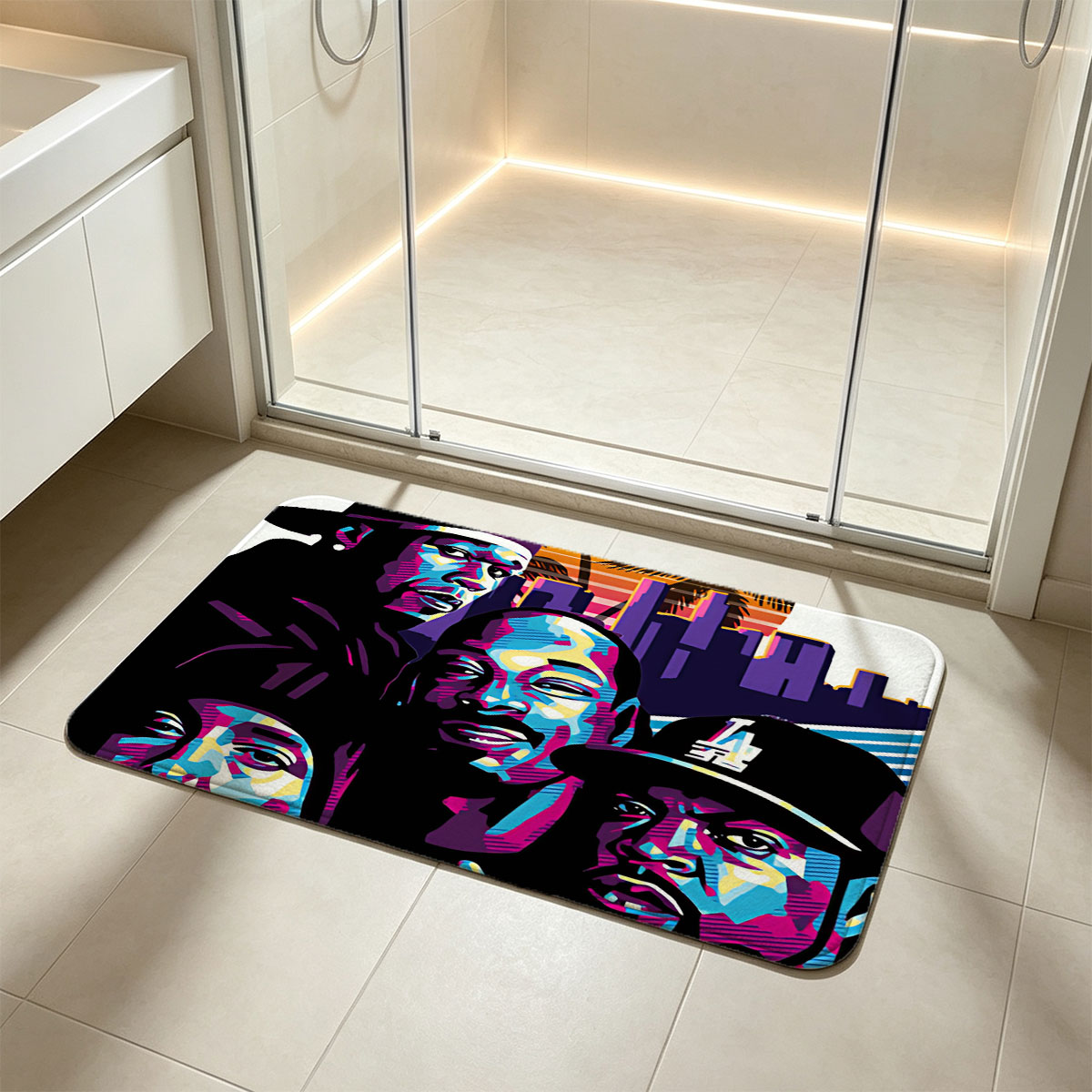 N.W.A. - Compton's Most Wanted: Ice Cube, Dr. Dre, Eazy-E, and MC Ren in Vibrant Urban Art Style - Flannel floor mat