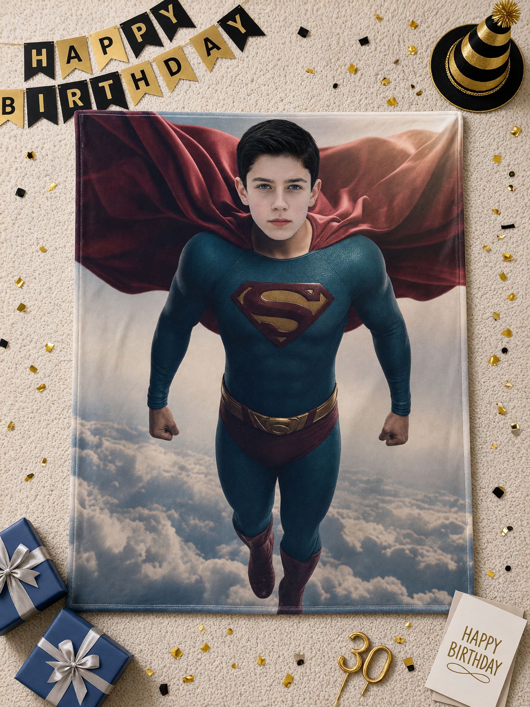 Custom Photo Superhero Flannel Fleece Blanket, Personalized Face Throw Blanket, Skin Friendly Warm Plush Quilt for