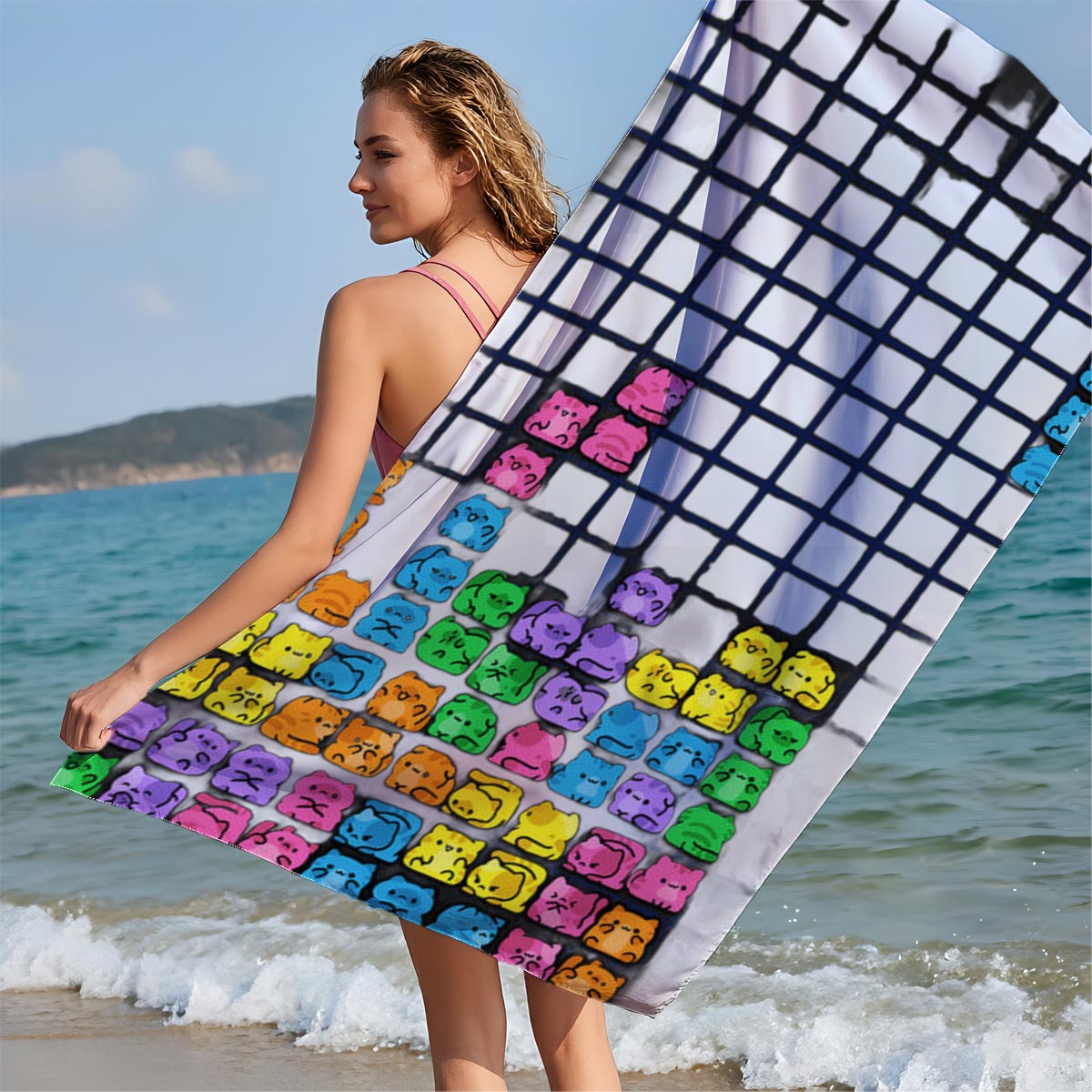 Cat Tetris Game Level 9 with Colorful Feline Blocks and Next Piece Preview - Beach towels