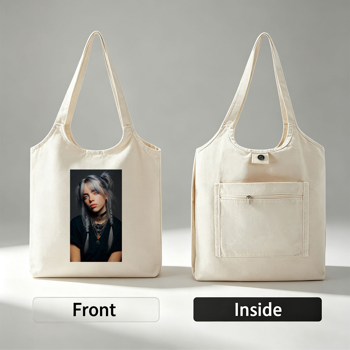 Billie Eilish in a striking portrait with silver hair styled in braids, wearing layered necklaces and a black top against a dark background. - Canvas shoulder bags/