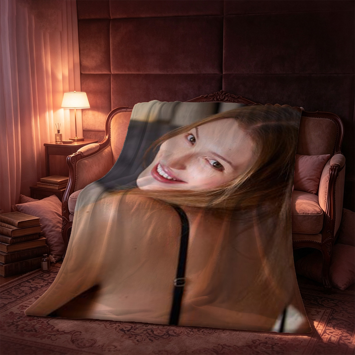 Blonde Woman in White Lingerie Stretching in Armchair - Blanket