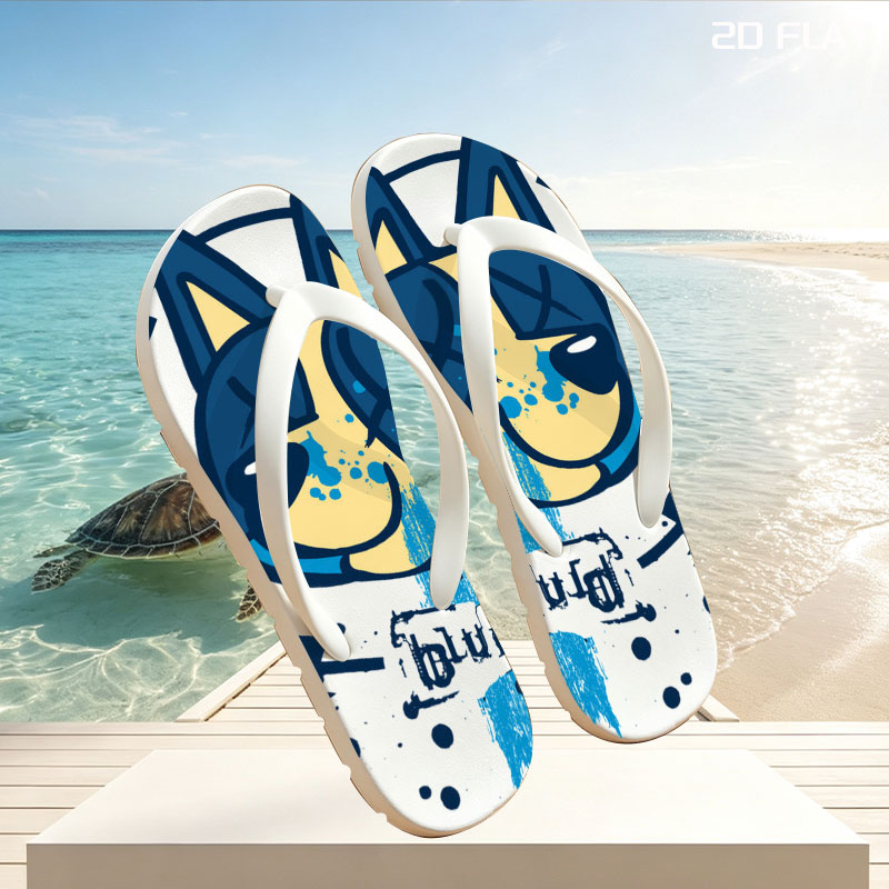 Bluey-182: A stylized blue and yellow cat face with X eyes, arrows, and splatter effects on a textured blue background. -  flip-flops