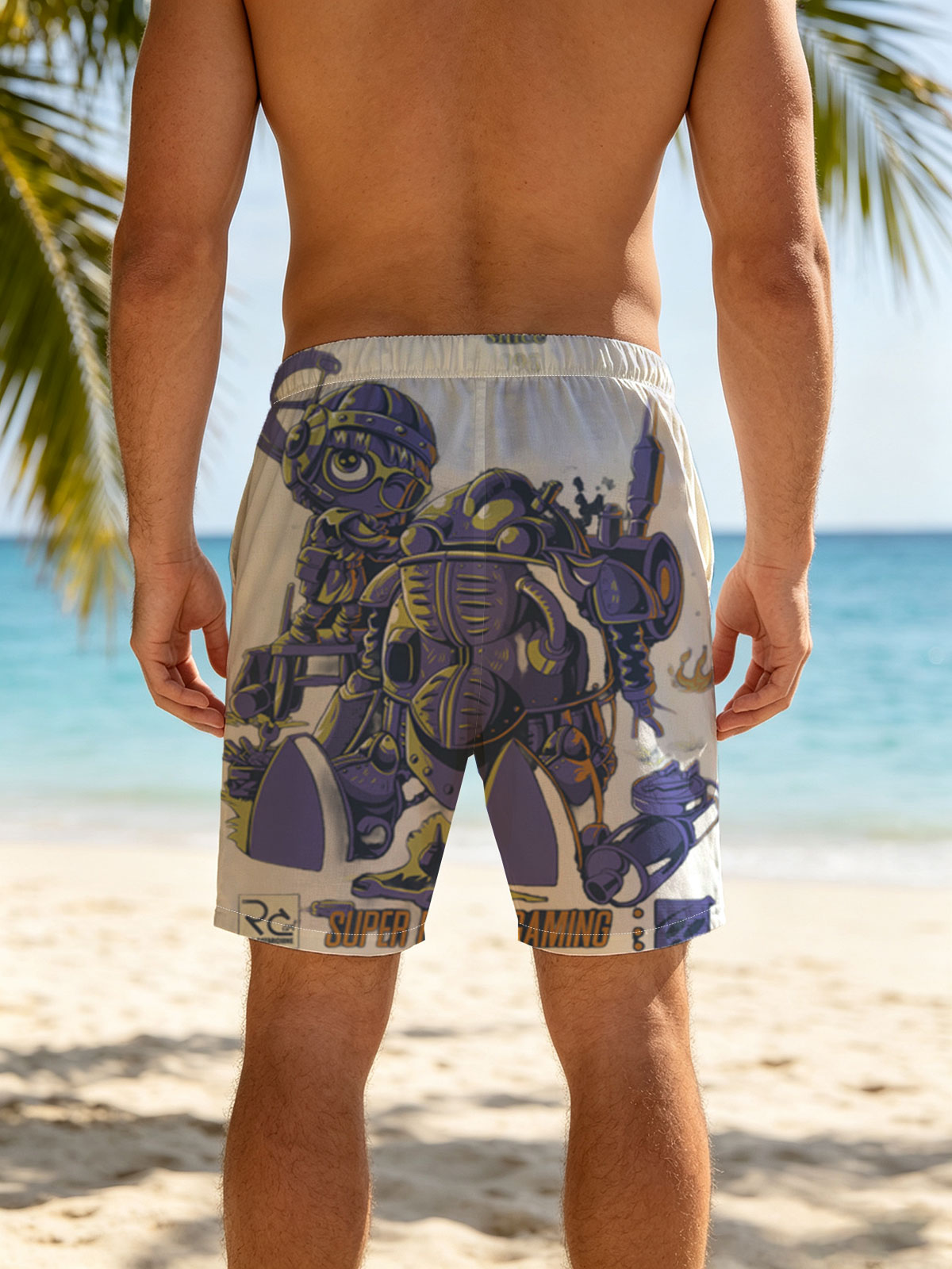 Super Retro Gaming: Robo Warrior and Mech Pilot in Purple Armor, Since 1995, SquareGames, RC Art -  Beach shorts