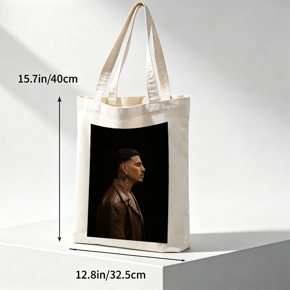 Bad Bunny in Profile Portrait Wearing Brown Leather Jacket Against Black Background - Canvas tote bags