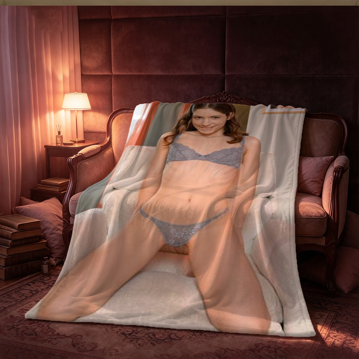 Emma Watson Nude Covering Breasts on Blue Couch - Blanket