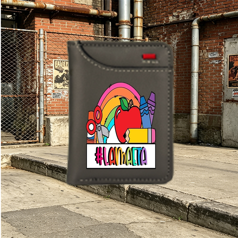 Unisex Vertical Wallet with Rainbow Apple and School Supplies Print #LAMACETA – Stylish Everyday Wallet for Students, Teachers, and Creative Professionals