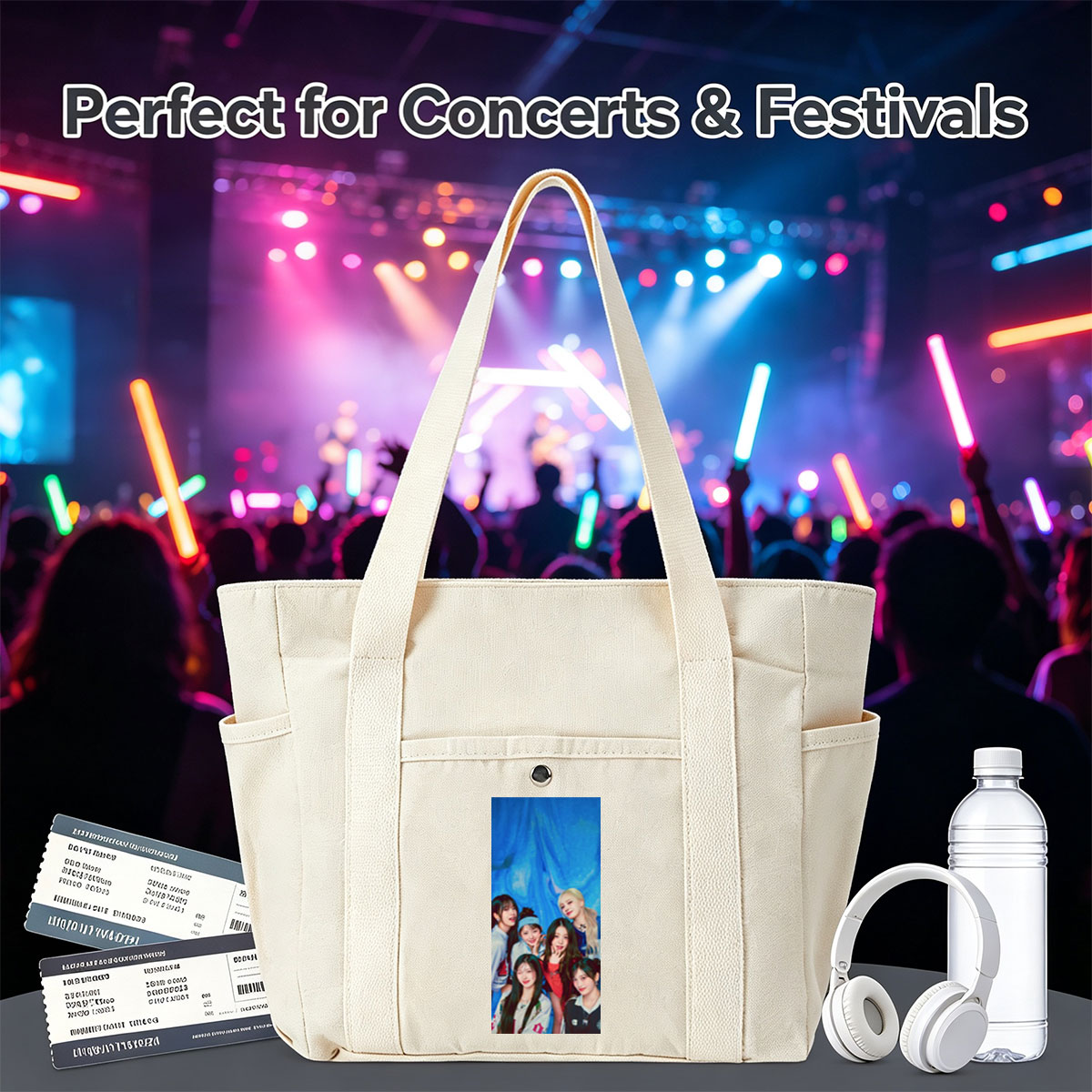 IVE Group Photo with Blue Background and Casual Outfits - Multi-pocket bags
