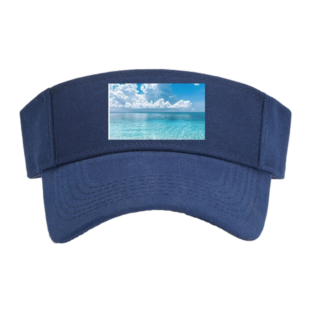 Crystal clear turquoise waters meet soft sandy beach under a vibrant blue sky with fluffy white clouds. -  Visor cap