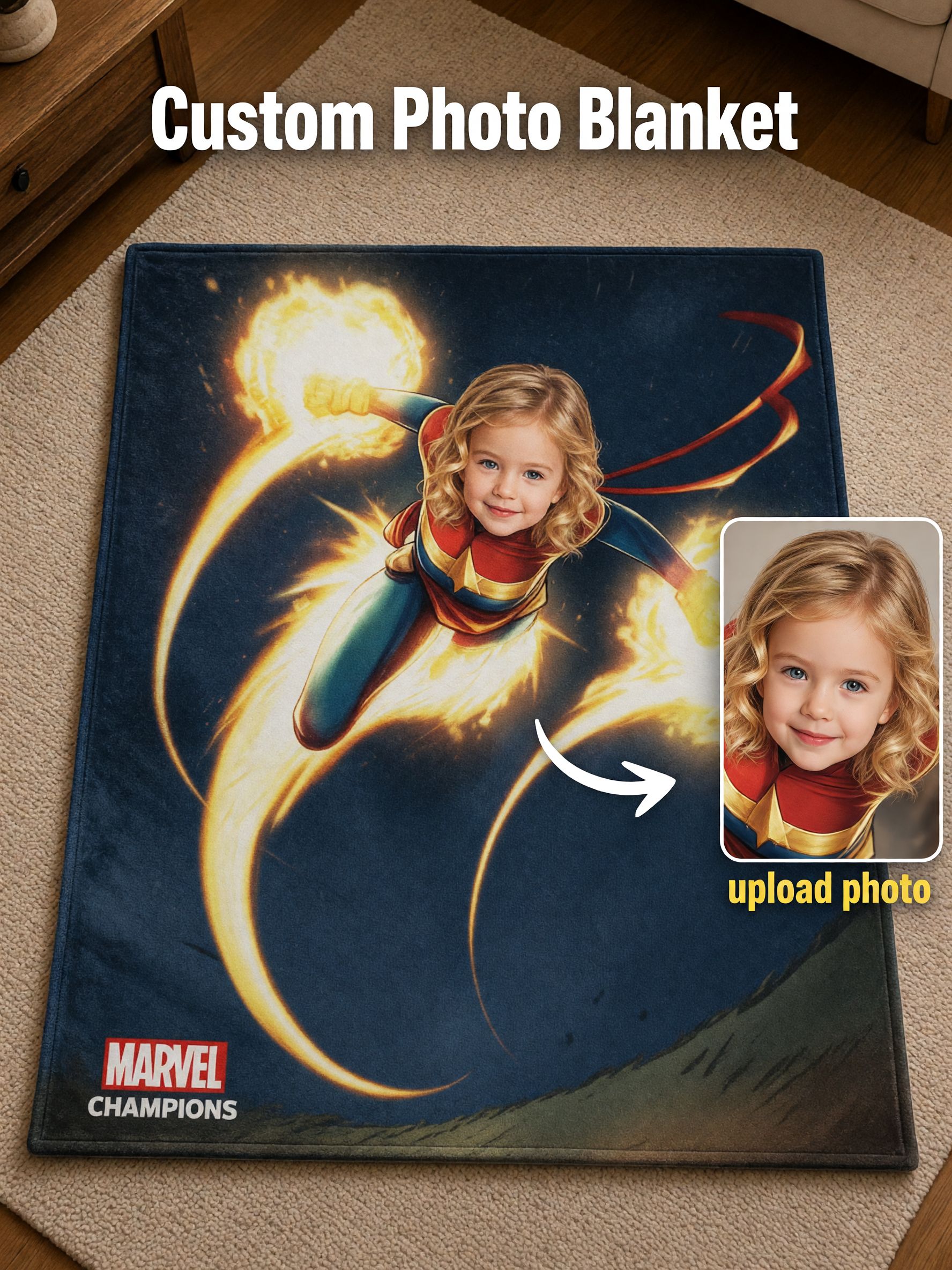 Custom Photo Face Superhero Flannel Throw Blanket, Personalized Ultra Soft Fleece Bed Throw for Kids, Ideal Cozy Gift