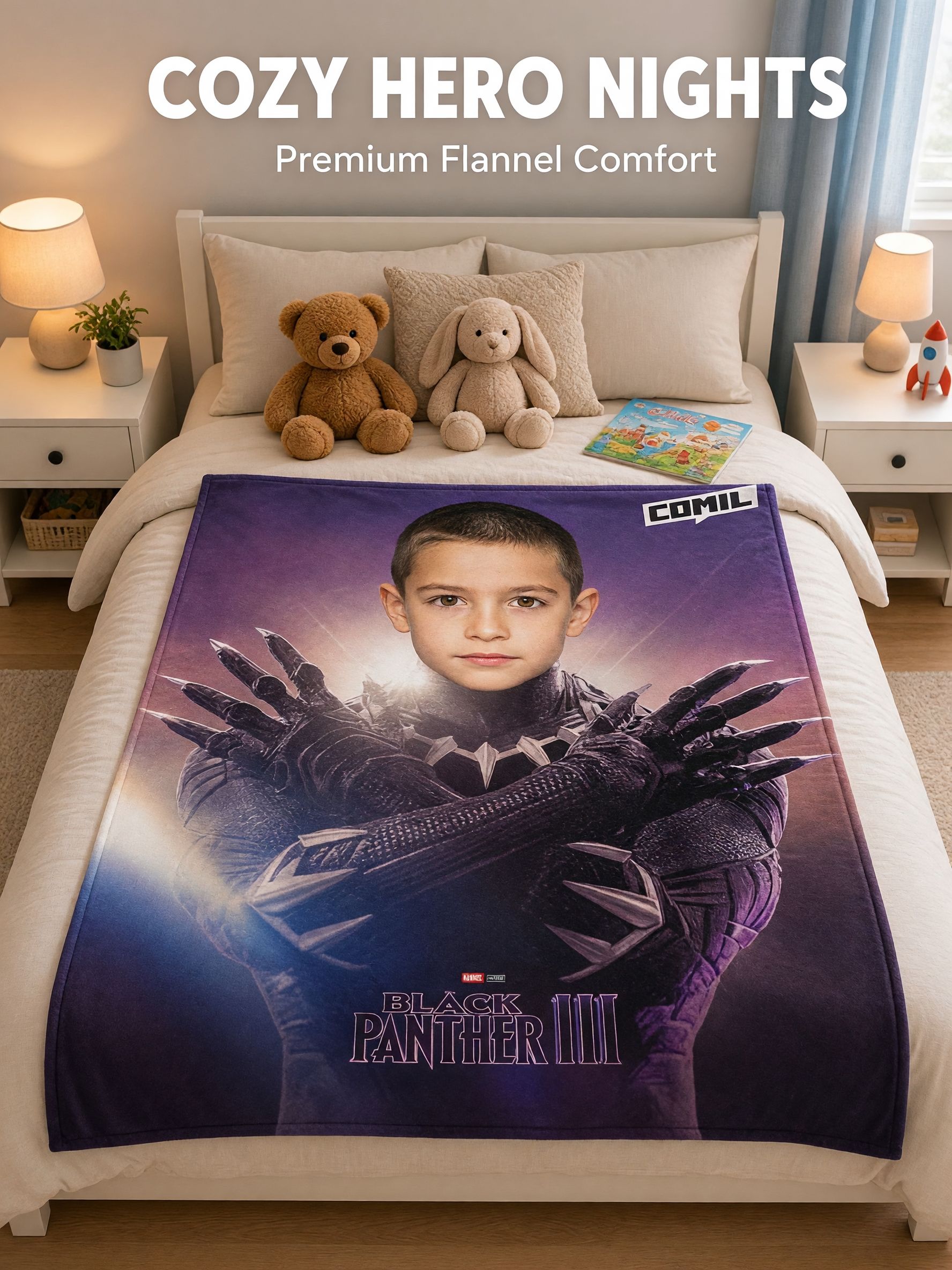 Personalized Custom Face Blanket, Superhero Comic Photo Soft Flannel Fleece Throw for Kids Boys and Couch Bed Gift