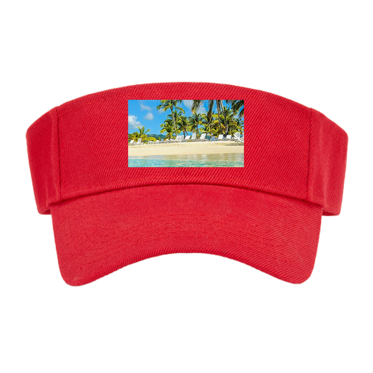 Crystal clear waters meet sandy beach with palm trees and lounge chairs under a bright blue sky. -  Visor cap