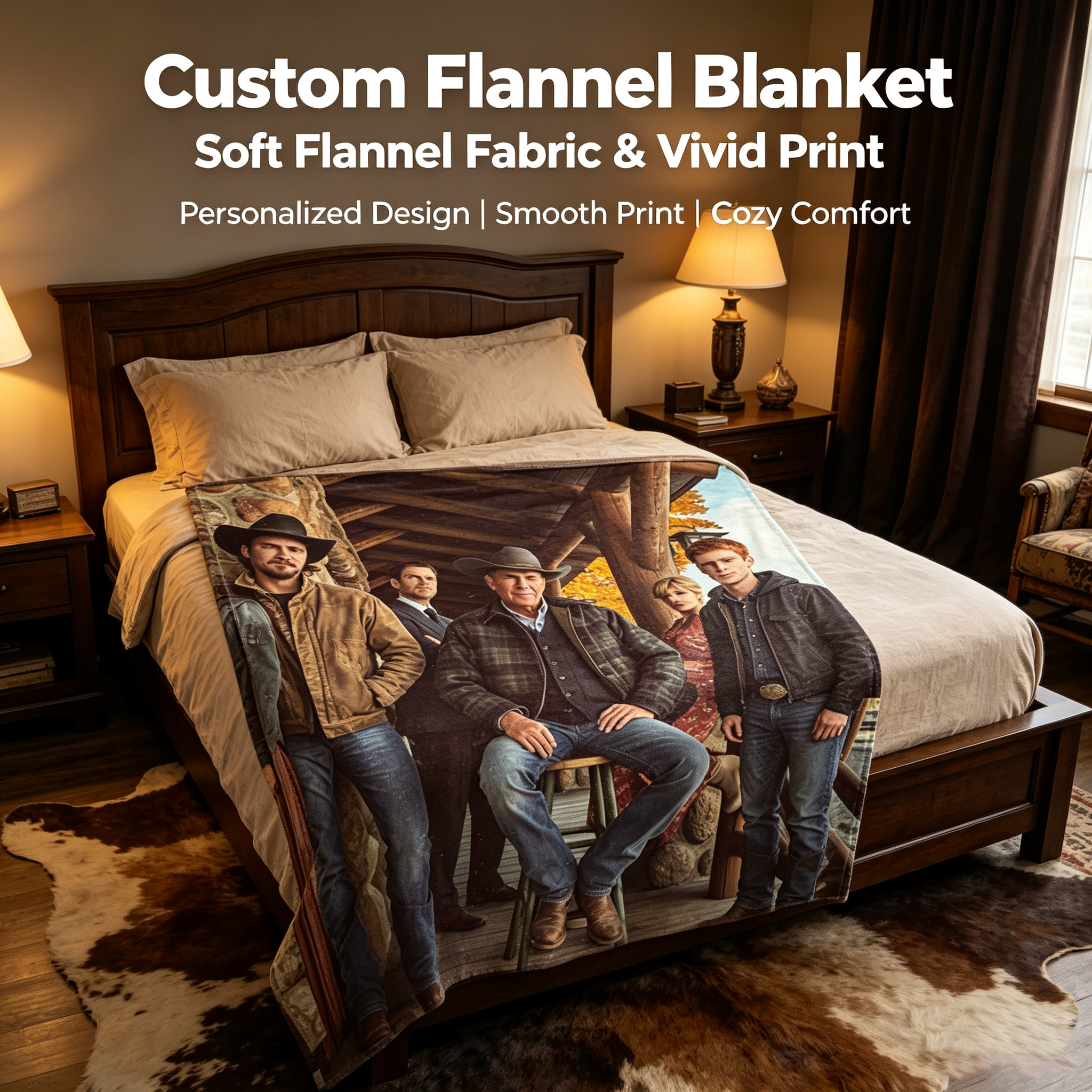 Custom Face Blanket Western Ranch Family Portrait Flannel Blanket Cozy Cabin Decor Gift for Cowgirl and Cowboy Fans