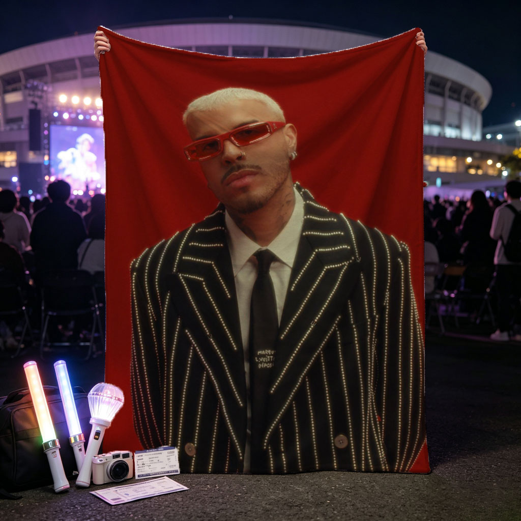 J Balvin in a Striking Red-Background Portrait Wearing a Glittering Black Suit and Red Sunglasses - Blankets