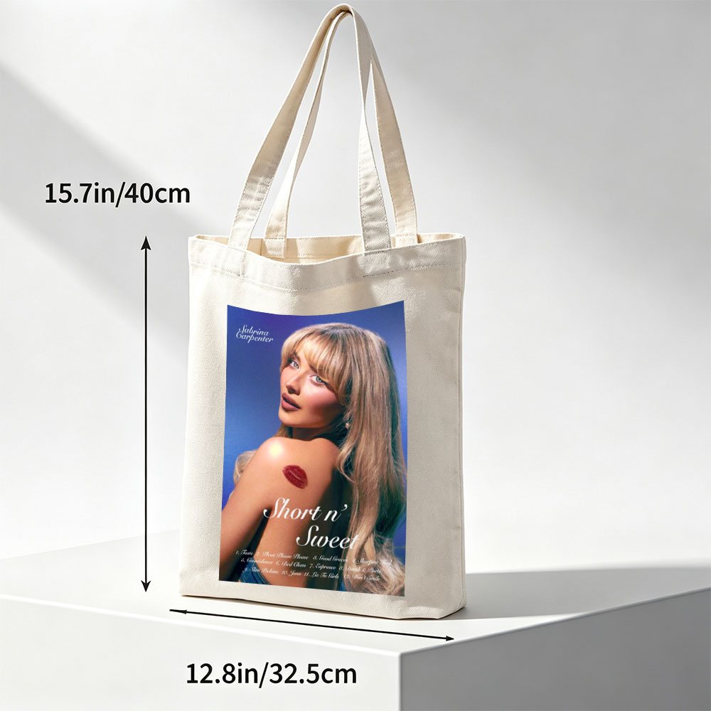 Sabrina Carpenter Album Cover Featuring Her with Lipӡ on Shoulder and Tracklist for Short n' Sweet - Canvas tote bags