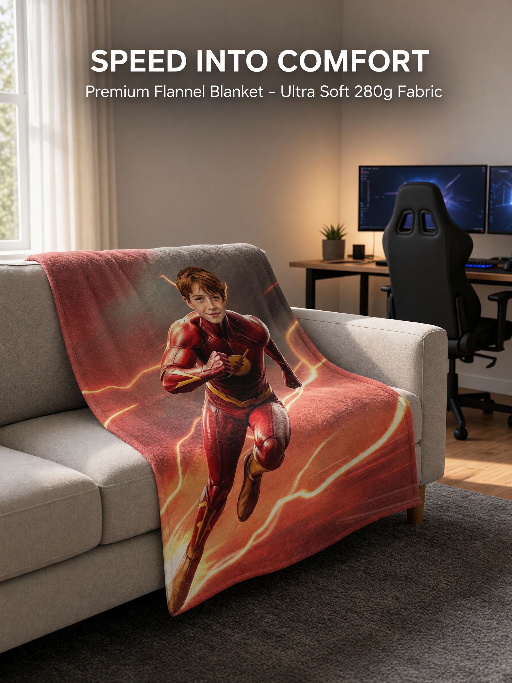 Custom Photo Superhero Flannel Fleece Blanket Personalized Face Graphic Soft Warm Bedding Throw for Couch Bedroom and