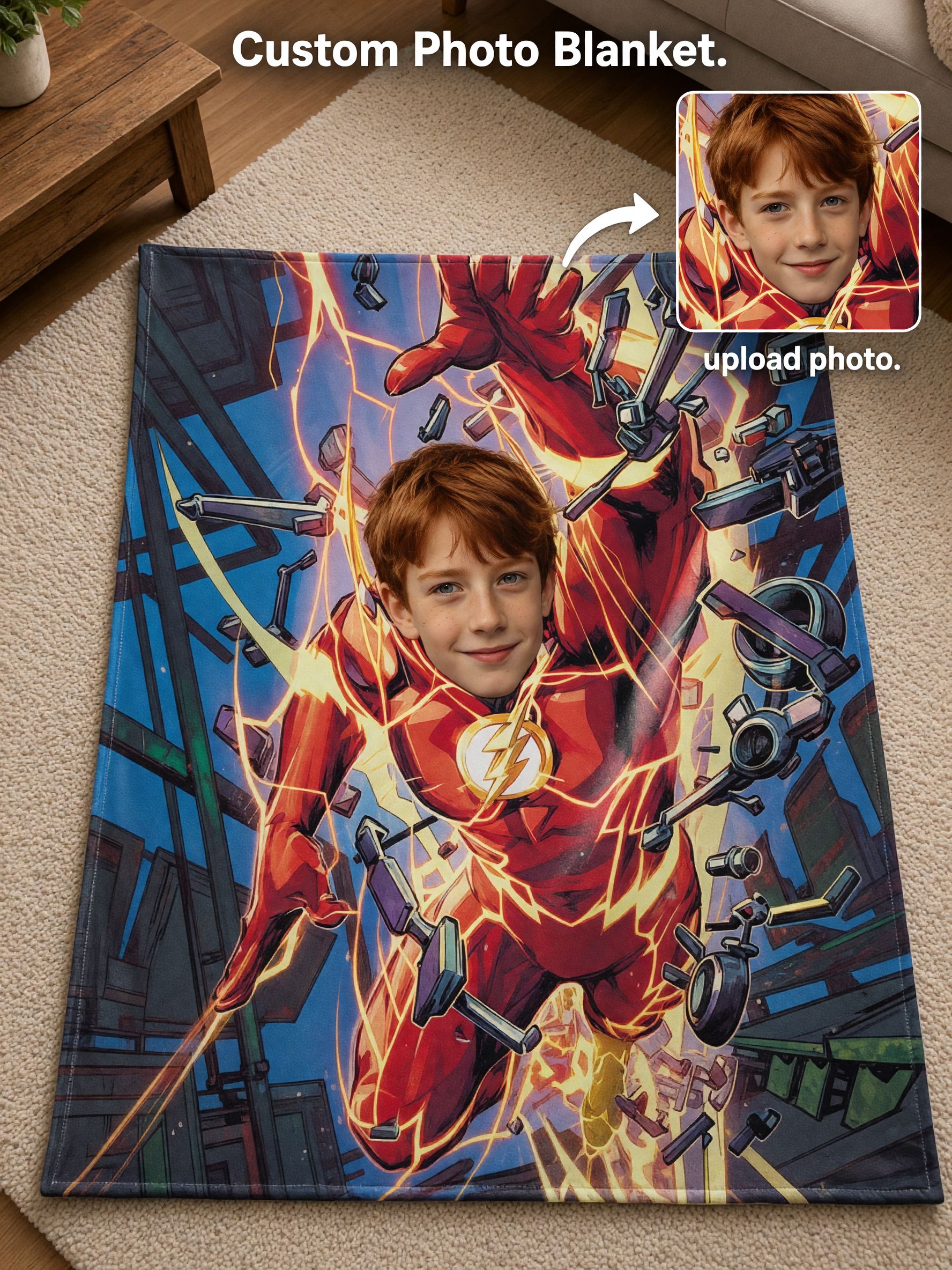 Custom Photo Face Superhero Flannel Blanket, Personalized Comic Character Cozy Throw Fleece for Kids Boys Girls, Ideal