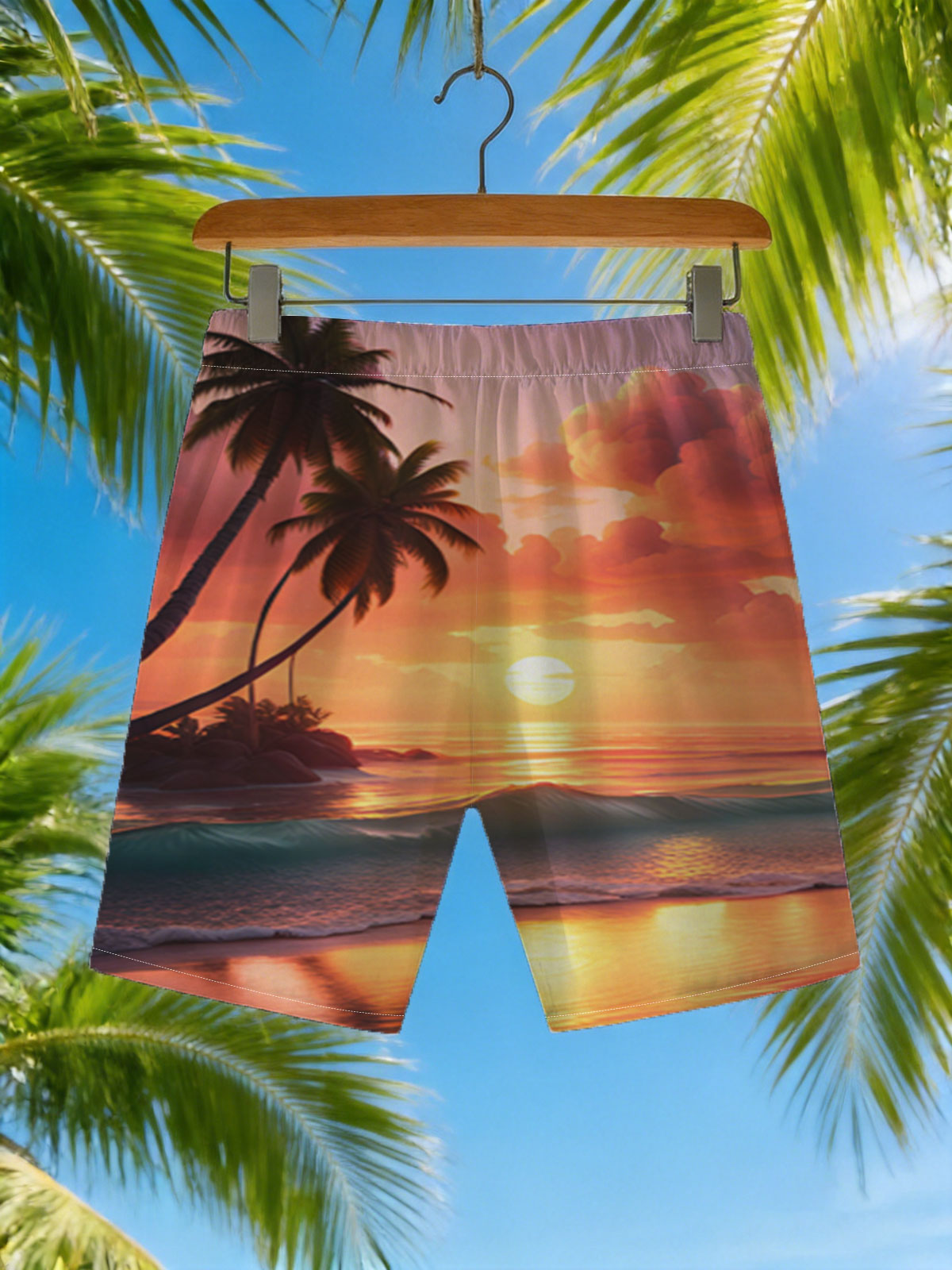 Tropical Sunset Beach with Palm Trees and Golden Waves -  Beach shorts