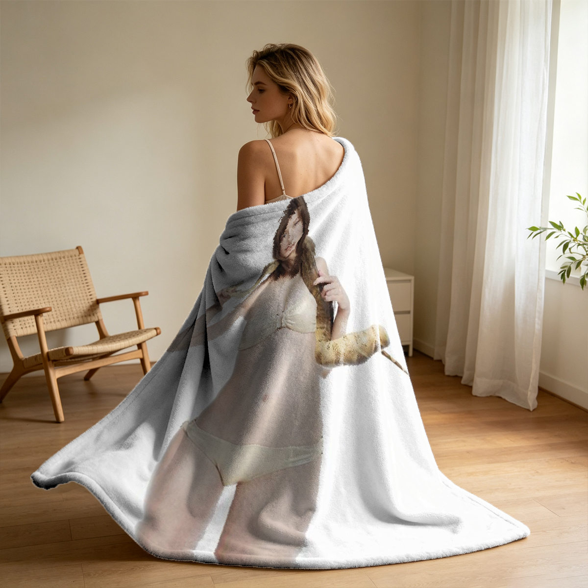 A seductive woman in a white micro bikini stands in a luxurious bathroom doorway. - Blanket