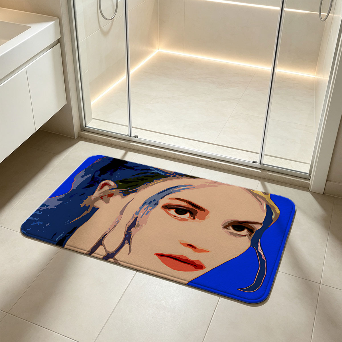 Portrait of a Woman with Blue Hair and Bold Colors - Flannel floor mat