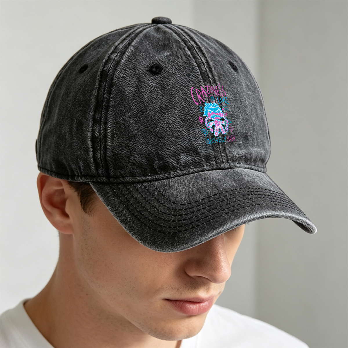Craziness Level: Unusually High - Blue Character with Pink Accents - Washed Denim - Baseball Cap