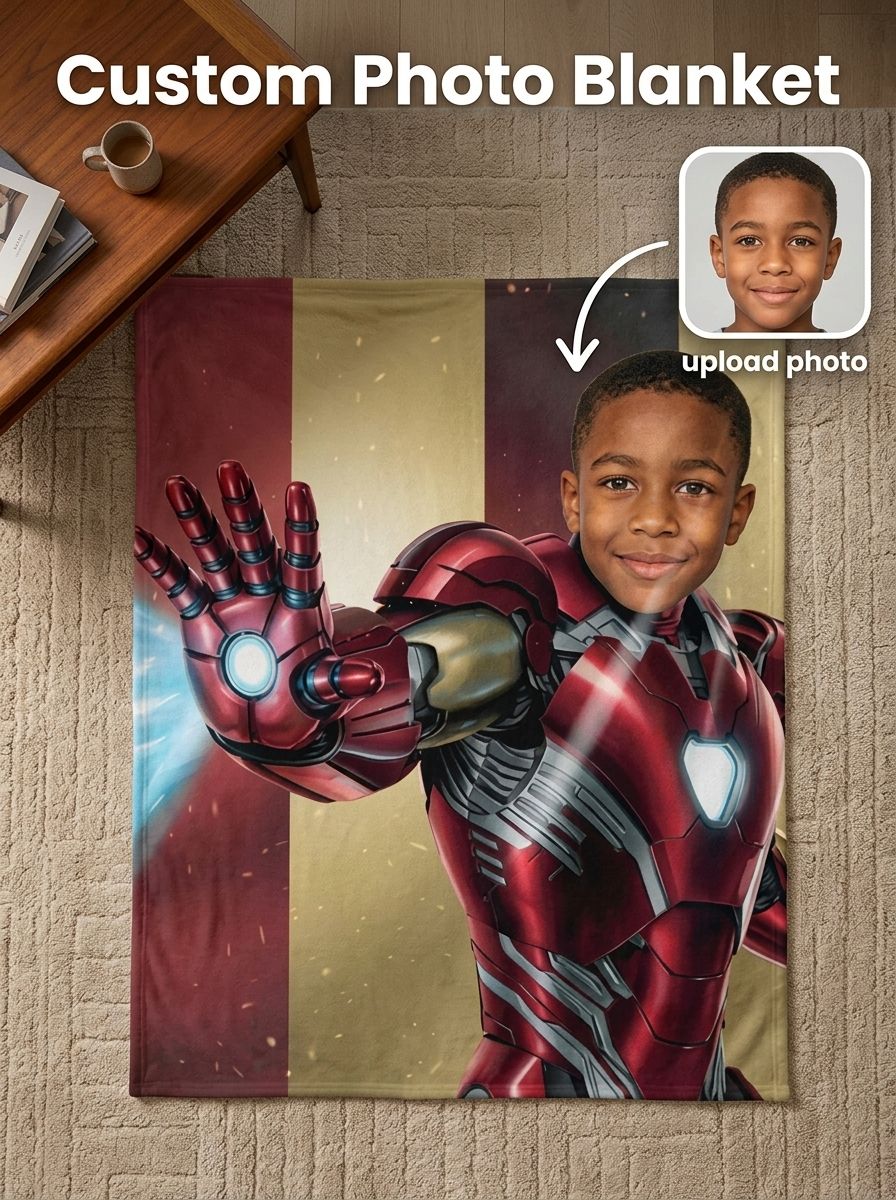 Custom Face Superhero Flannel Blanket Personalized Photo Throw Cozy Plush Fleece Bedding for Kids and Hero Fans
