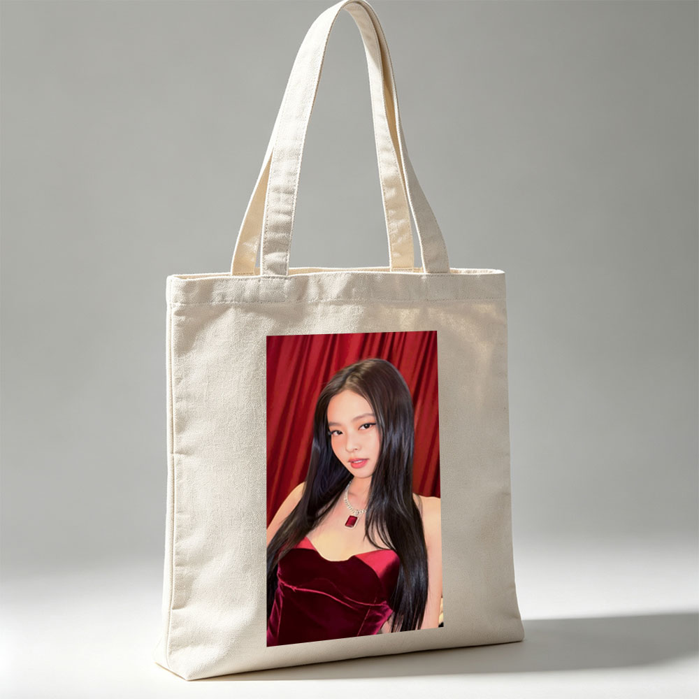 Jennie Kim in Red Velvet Dress at Glamorous Event with Red Curtain Background - Canvas tote bags