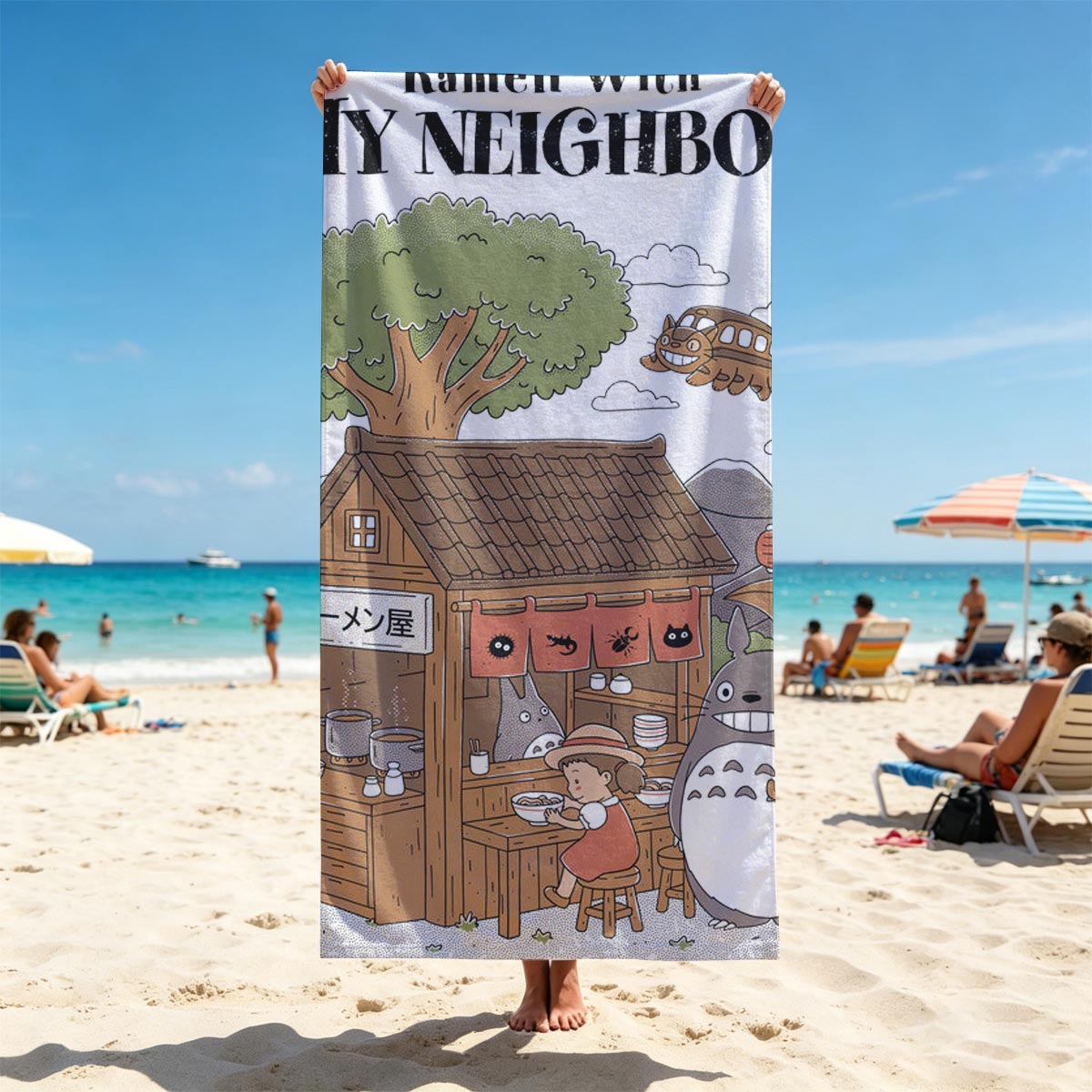 Totoro and Neighbor Enjoy Ramen at a Cozy Stall - Beach towels