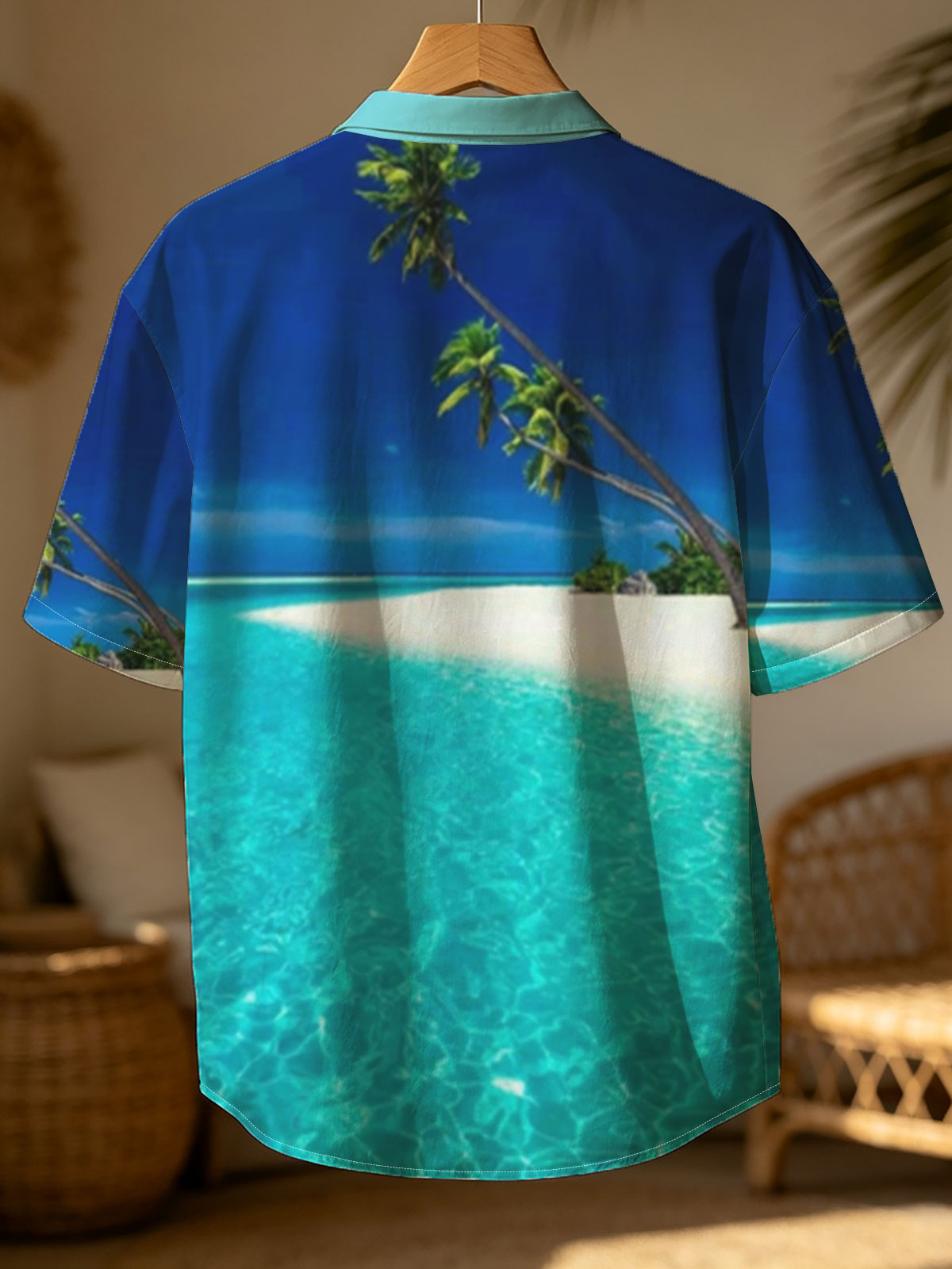 Serene tropical beach with crystal clear turquoise water and leaning palm trees under a vibrant blue sky. -  Shirt