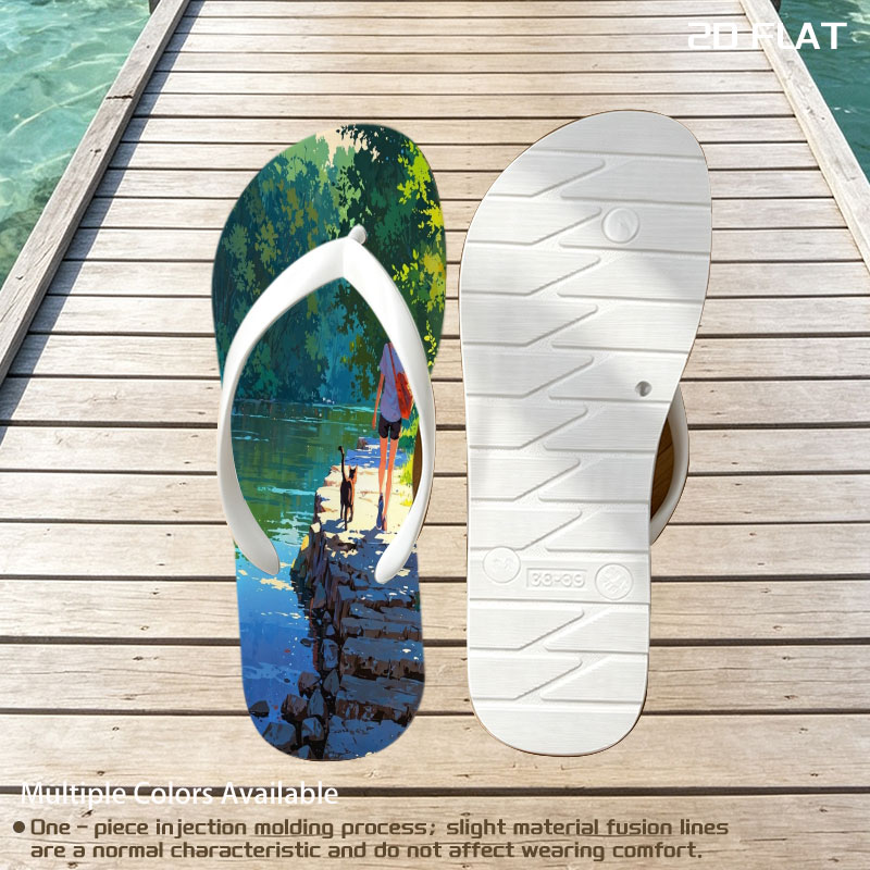 Girl and cat walking by a serene lakeside path -  flip-flops