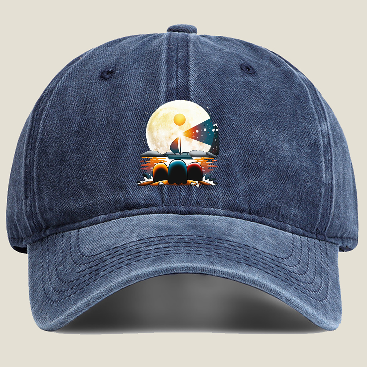 Sailboat Under the Moonlight with Musical Notes - Washed Denim - Baseball Cap
