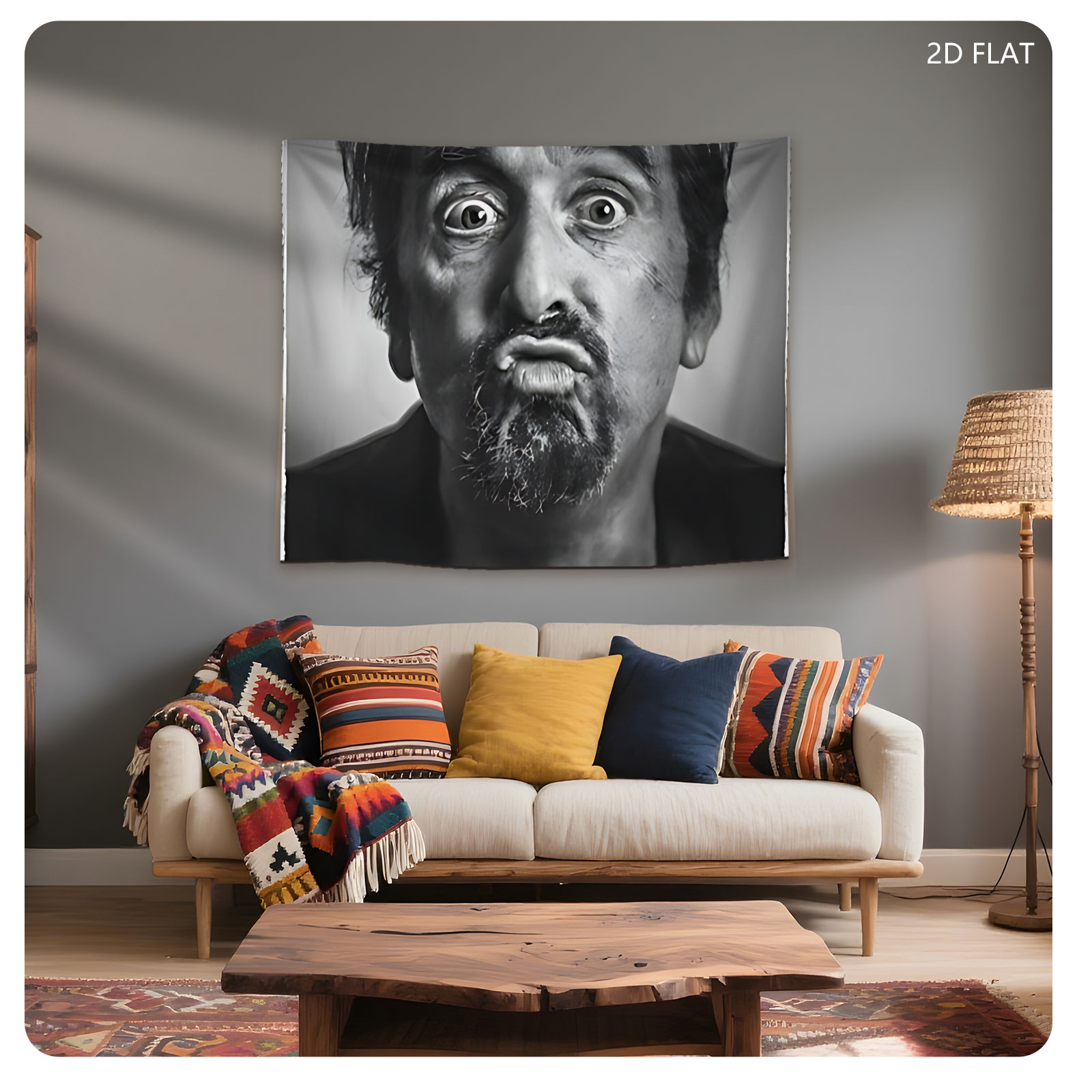 Al Pacino in a dramatic black-and-white portrait, displaying an intense expression with wide eyes and a furrowed brow. - Tapestry