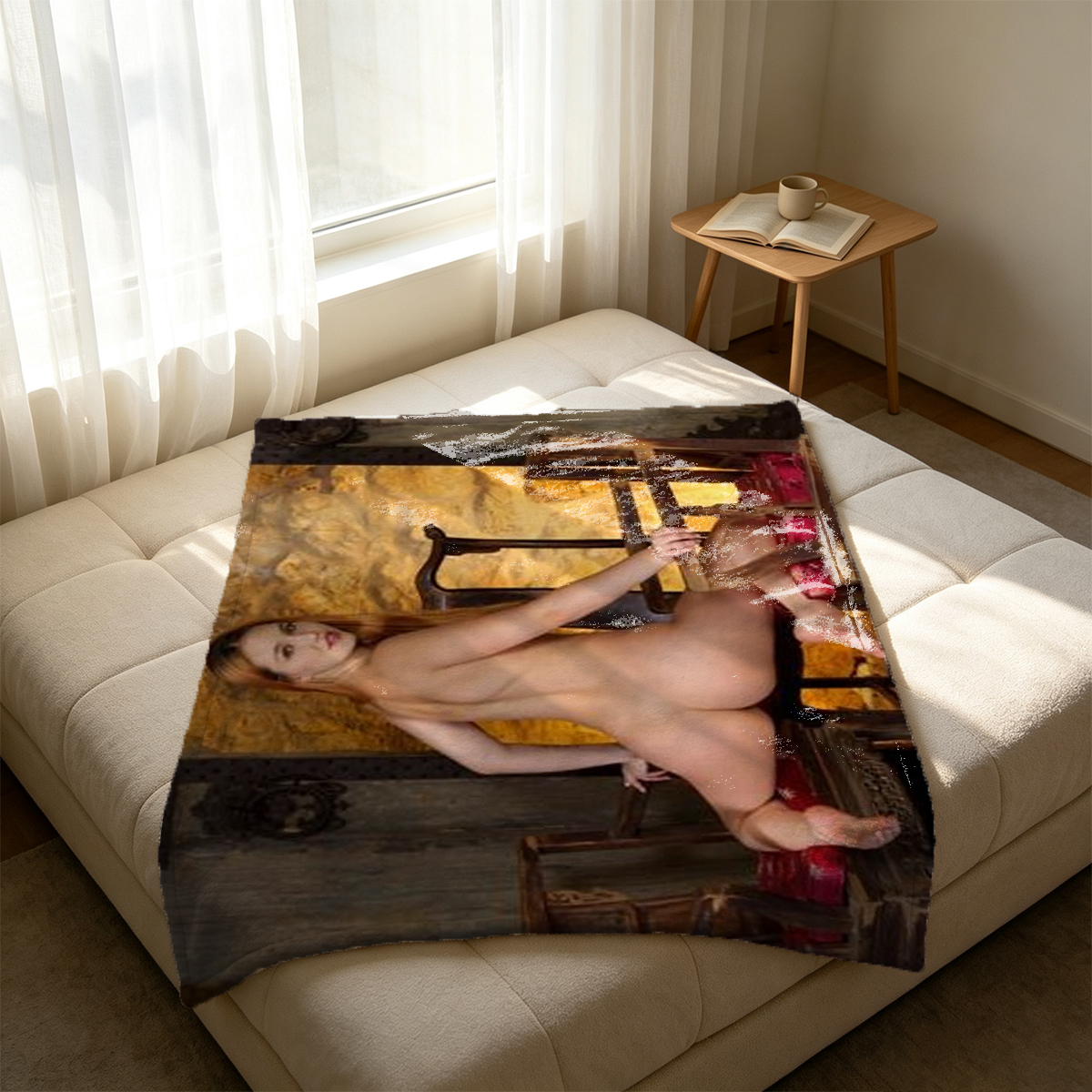 Nude Blonde Woman Kneeling on Bed Facing Pink Headboard - Blanket