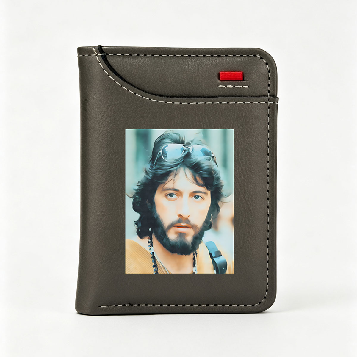 Bob Seger with sunglasses on head, wearing beads and a guitar strap - Vertical Style Wallet