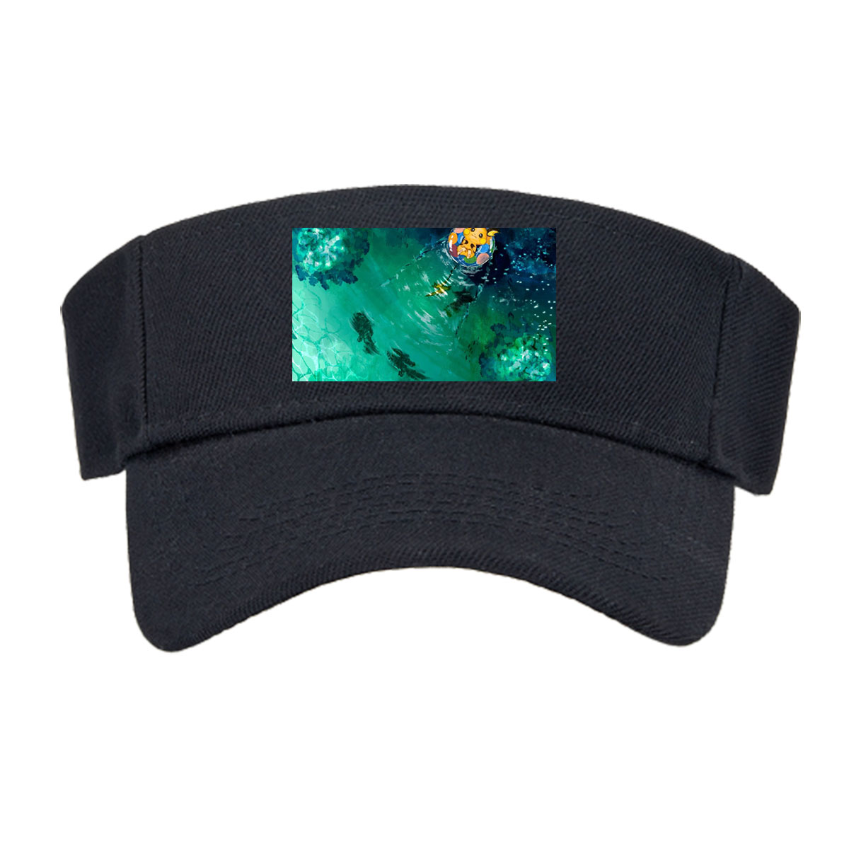 Pikachu floating on a colorful ring in a serene, turquoise pool with fish swimming below. -  Visor cap