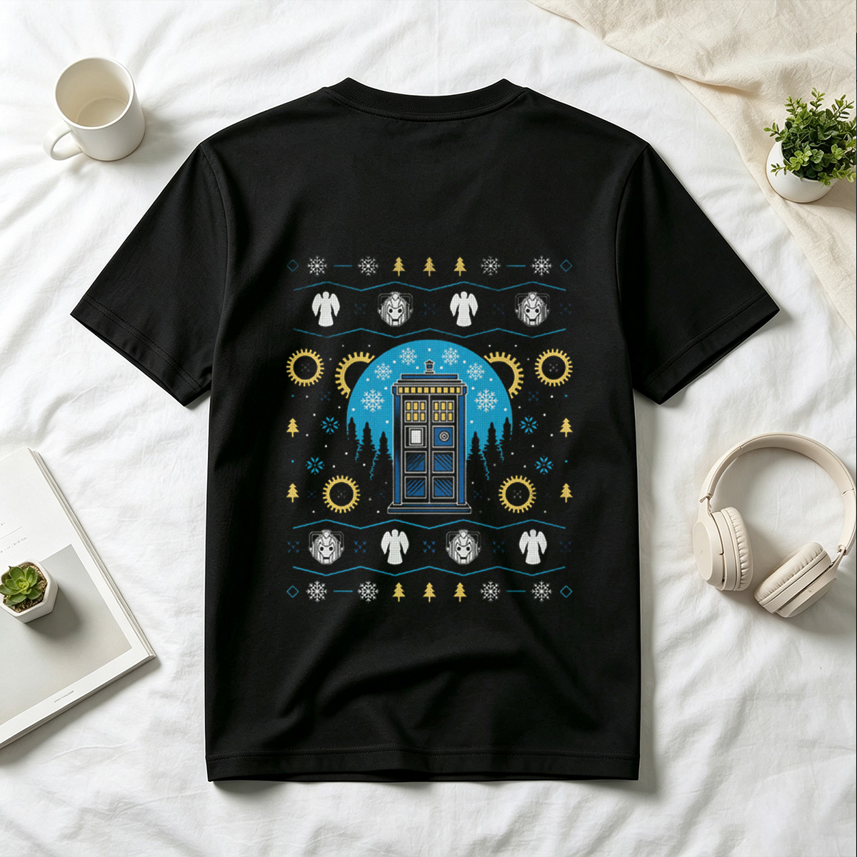 Doctor Who Christmas Sweater Design Featuring TARDIS, Weeping Angels, and Cybermen - Tee