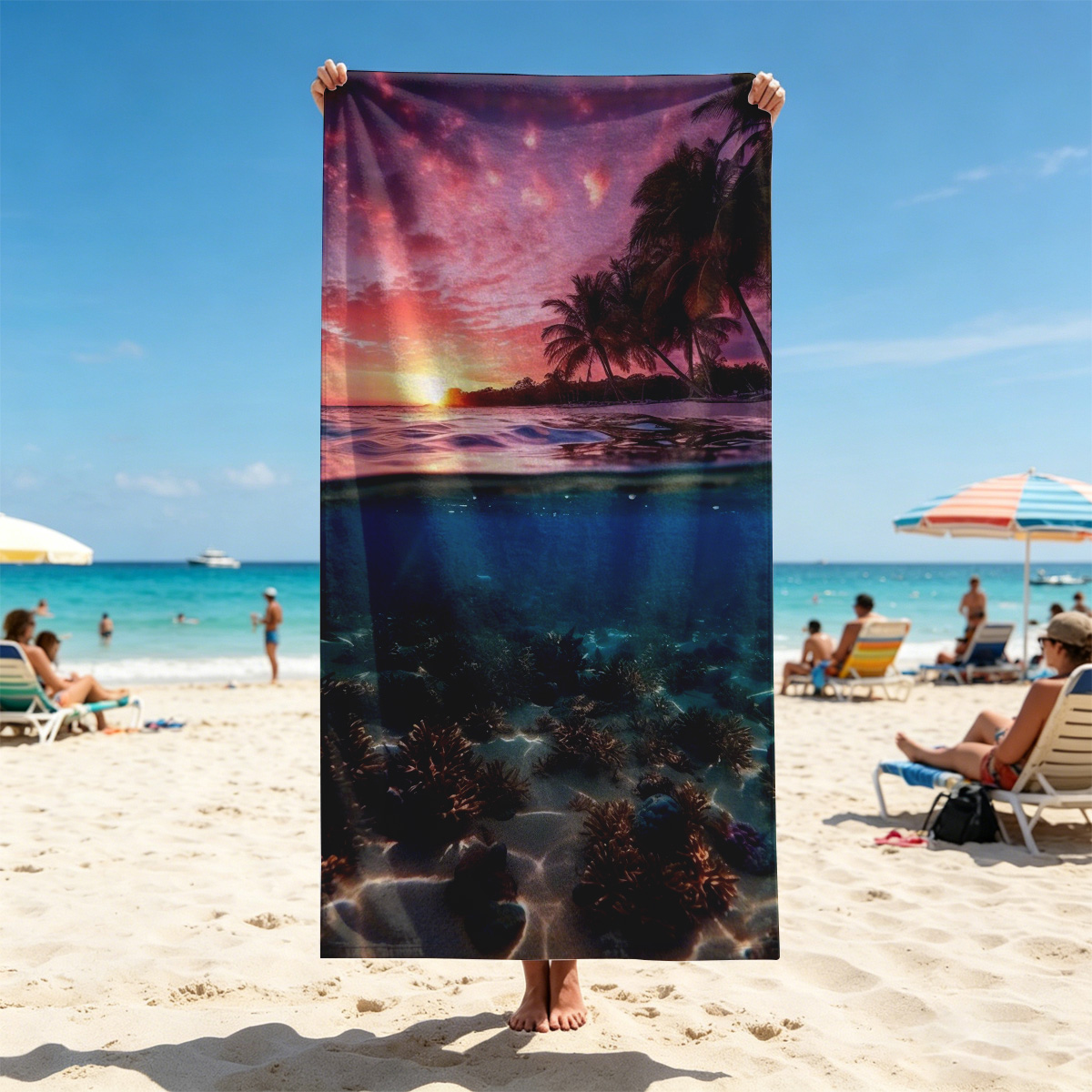 Sunset over tropical beach with underwater coral reef - Beach towels