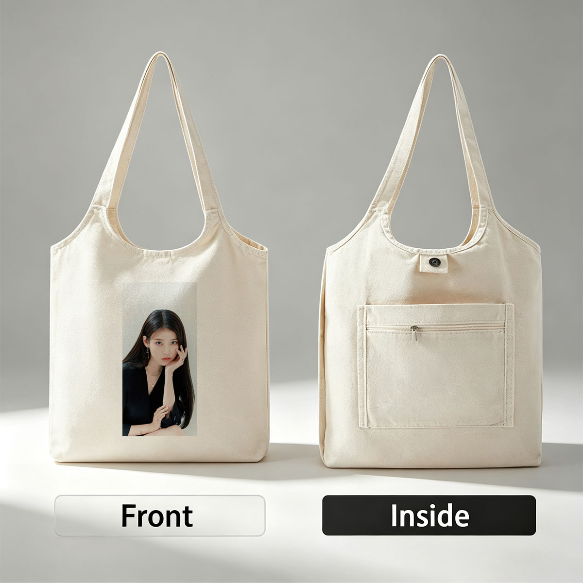 IU in a Minimalist Portrait with Elegant Black Attire and Delicate Jewelry - Canvas shoulder bags/