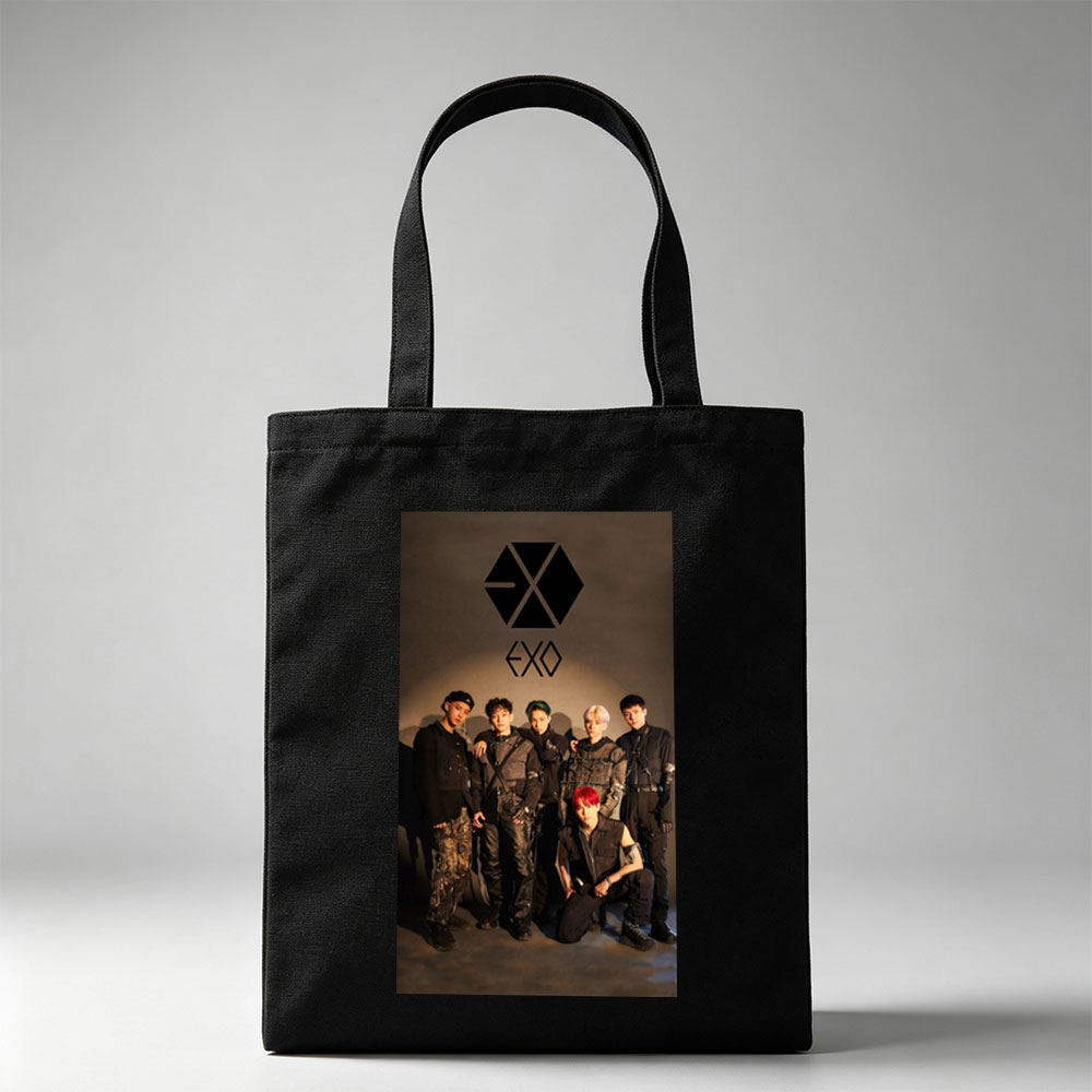 EXO Group Photo - Members in Edgy Black Outfits Posed Against Dark Background with Logo - Canvas tote bags