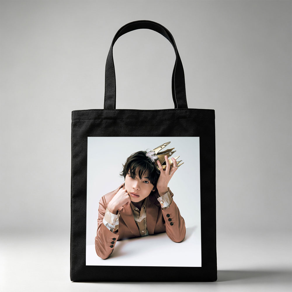 Kento Yamazaki in a Stylish Pose Wearing a Gold Crown and Brown Blazer - Canvas tote bags