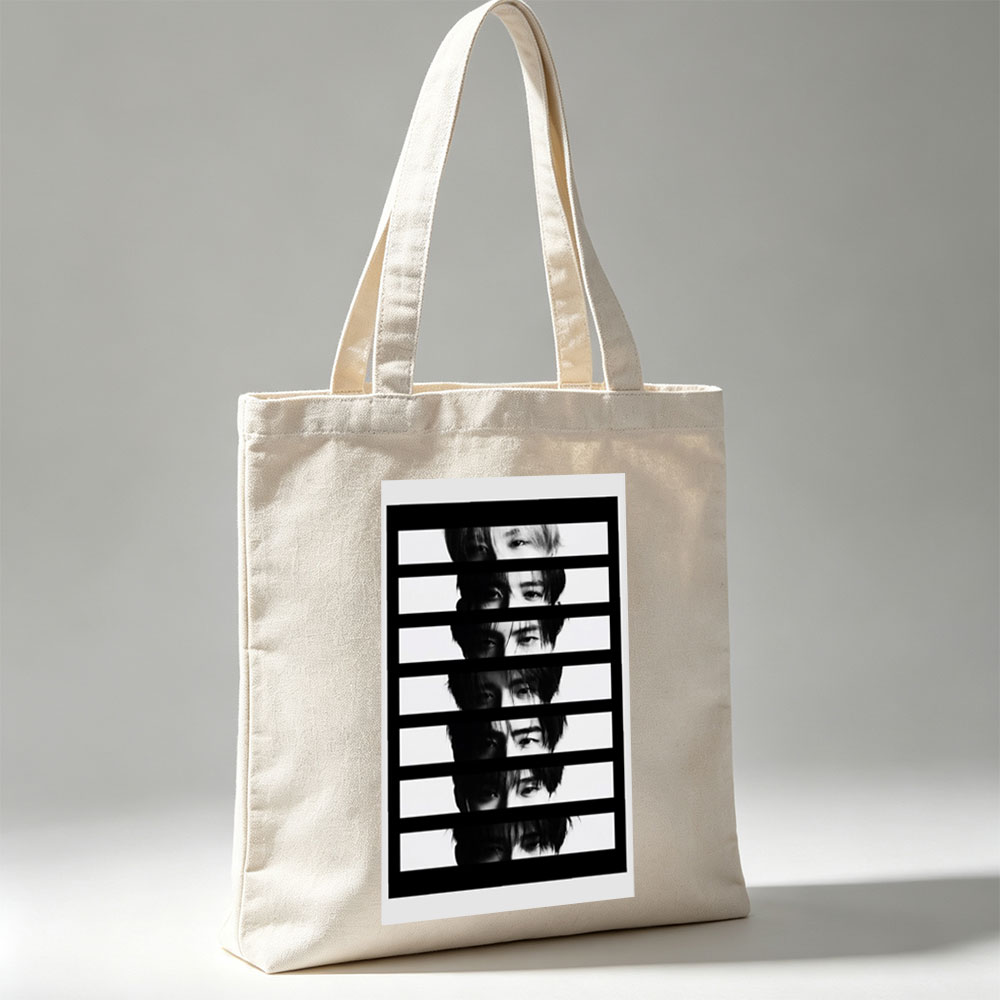 BTS Members in Black and White Striped Portrait with Fragmented Faces - Canvas tote bags