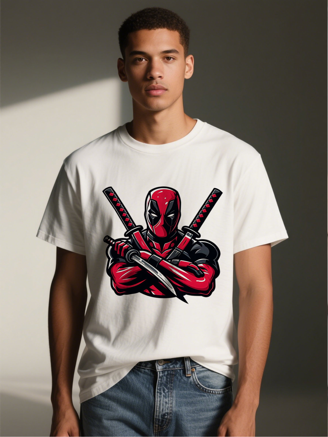 Men's Printed T-Shirt Deadpool Ninja Warrior Design Red Black Graphic Casual Round Neck Summer Lightweight Breathable Short Sleeve Tee for Fans and Comic Lovers