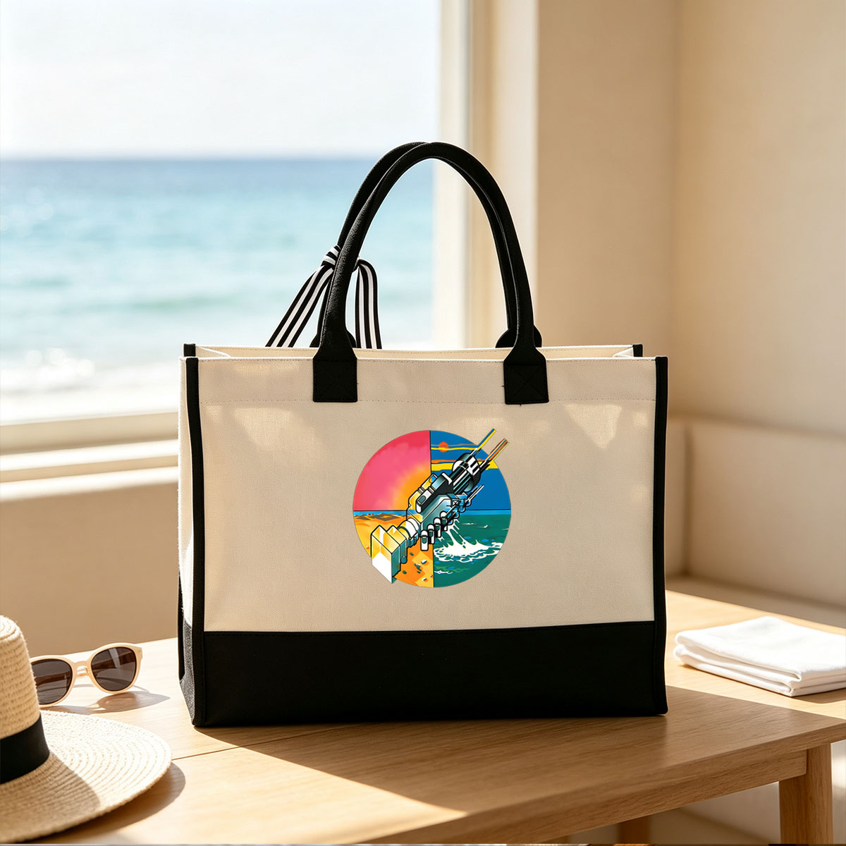 Mechanical Gun in Desert and Ocean Landscape - Canvas patchwork gift tote bag