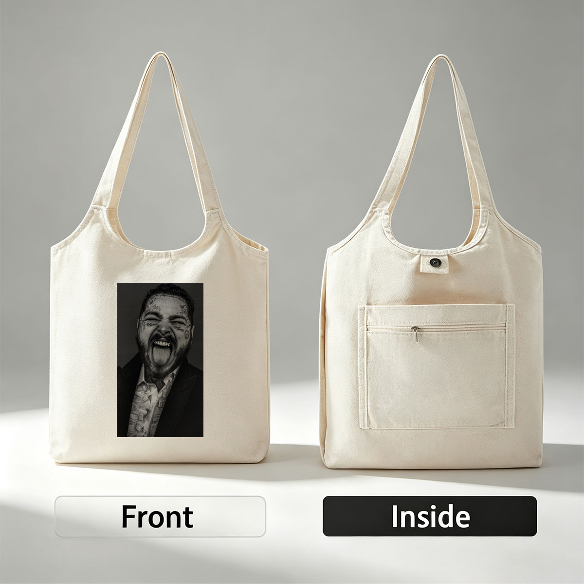 Post Malone Screaming in Black and White Portrait with Facial Tattoos and Suit - Canvas shoulder bags/