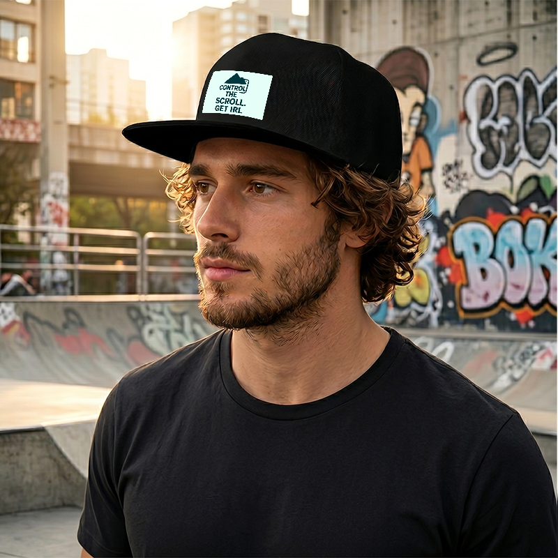 Flat Brim Baseball Cap Control The Scroll Get IRL Mountain Logo Streetwear Underground Skate Style for Basketball Court Skate Park Urban Lifestyle Skaters Rappers Streetwear Enthusiasts