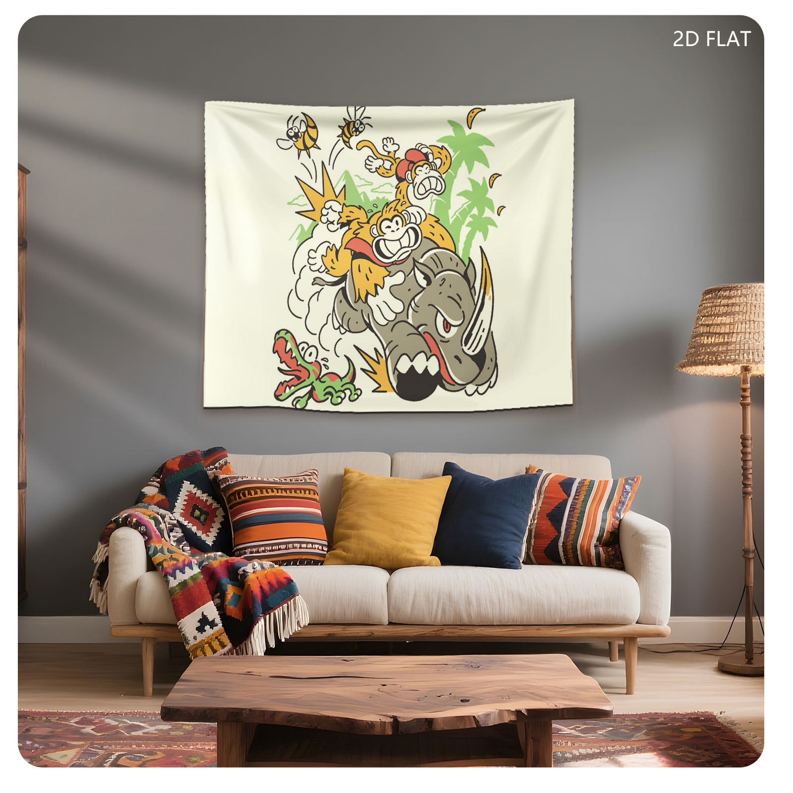Diddy Kong and Donkey Kong Ride a Rhinoceros Through Jungle Chaos - Tapestry
