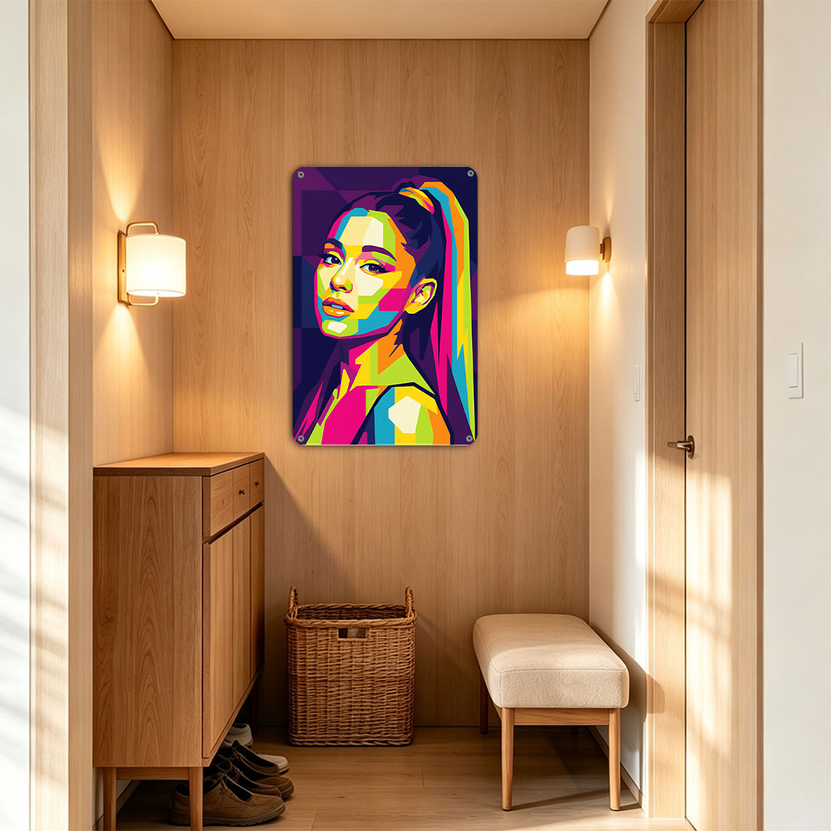 Colorful Pop Art Portrait of a Woman with Vibrant Hair and Geometric Patterns - painting