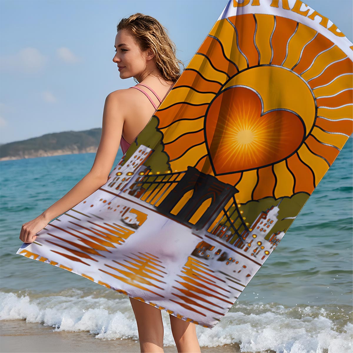 Spread Love: It's the Brooklyn Way - Heart Sun Over Bridge Cityscape - Beach towels