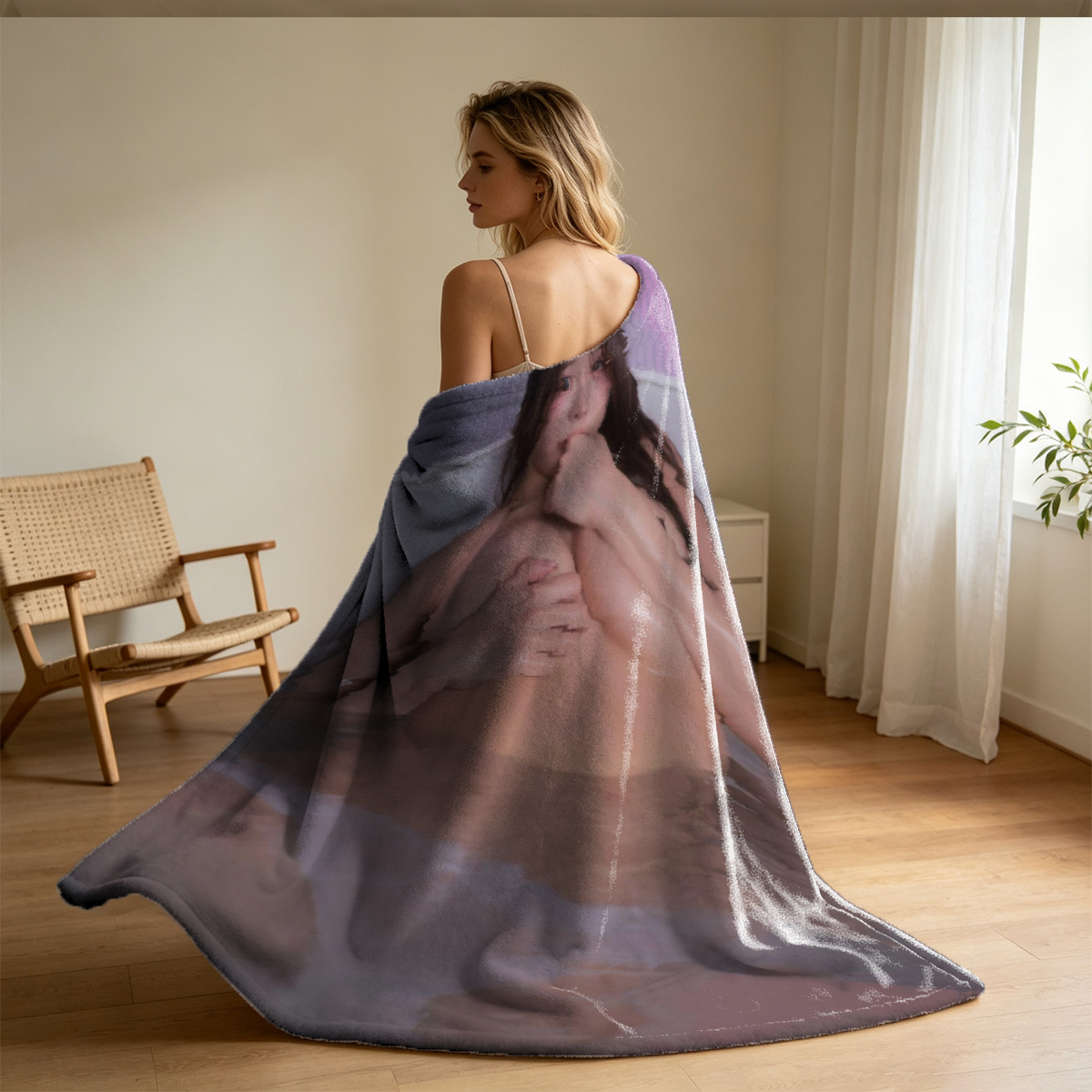 Nude Blonde on Brown Leather Couch - Blanket