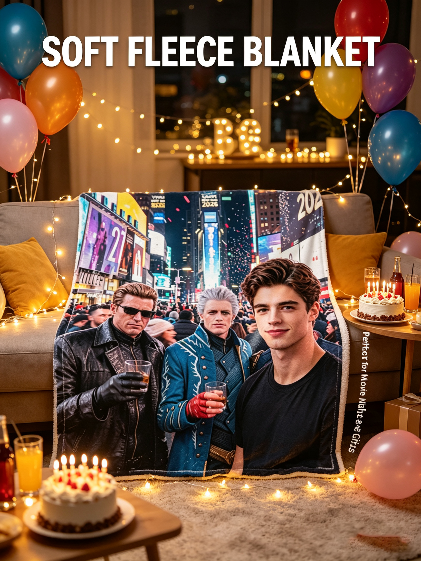 Custom Face Blanket Featuring Times Square New Year's Eve Celebration with Iconic Characters Flannel Blanket Perfect for Cozy Nights and Festive Gifts